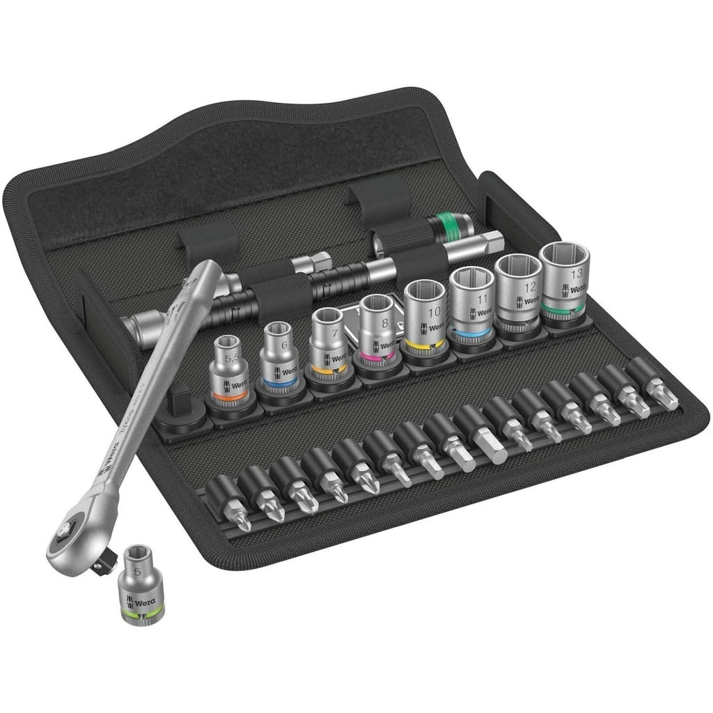 Wera 8100 Sa 7 Zyklop Metal Ratchet Set With Push-Through Square, 1/4-in. Drive, Metric, 28-Pieces