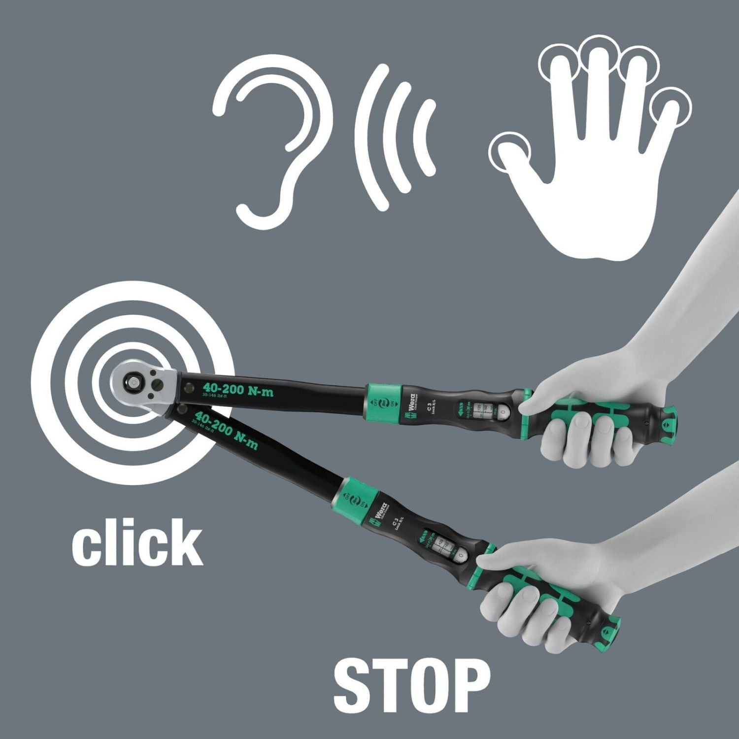 Wera Click-Torque Lock C 3 R/L Torque Wrench, Adjustable, Torque Function, Square Head Insert (1/2-in.), Clockwise/Counterclockwise Torque Operation, 40-200 Nm, 1/2-in.x40-200 Nm