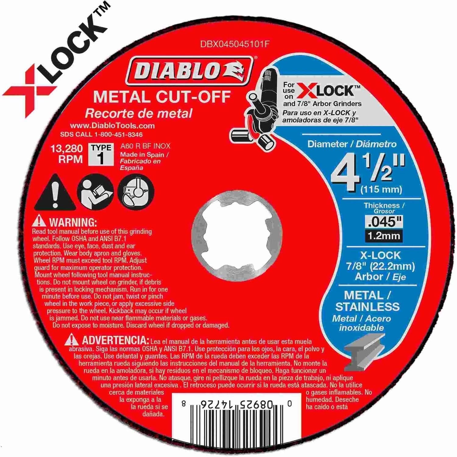 Diablo DBX045045101F 4-1/2 Inch Thin Kerf Metal Cut-Off Disc for X-Lock and All Grinders