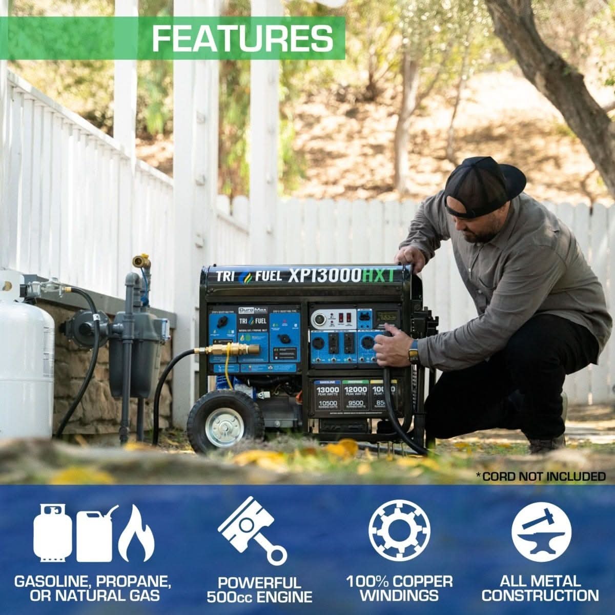 DuroMax XP13000HXT 13000-Watt 500cc Tri Fuel Gas Propane Natural Gas Portable Generator with CO Alert