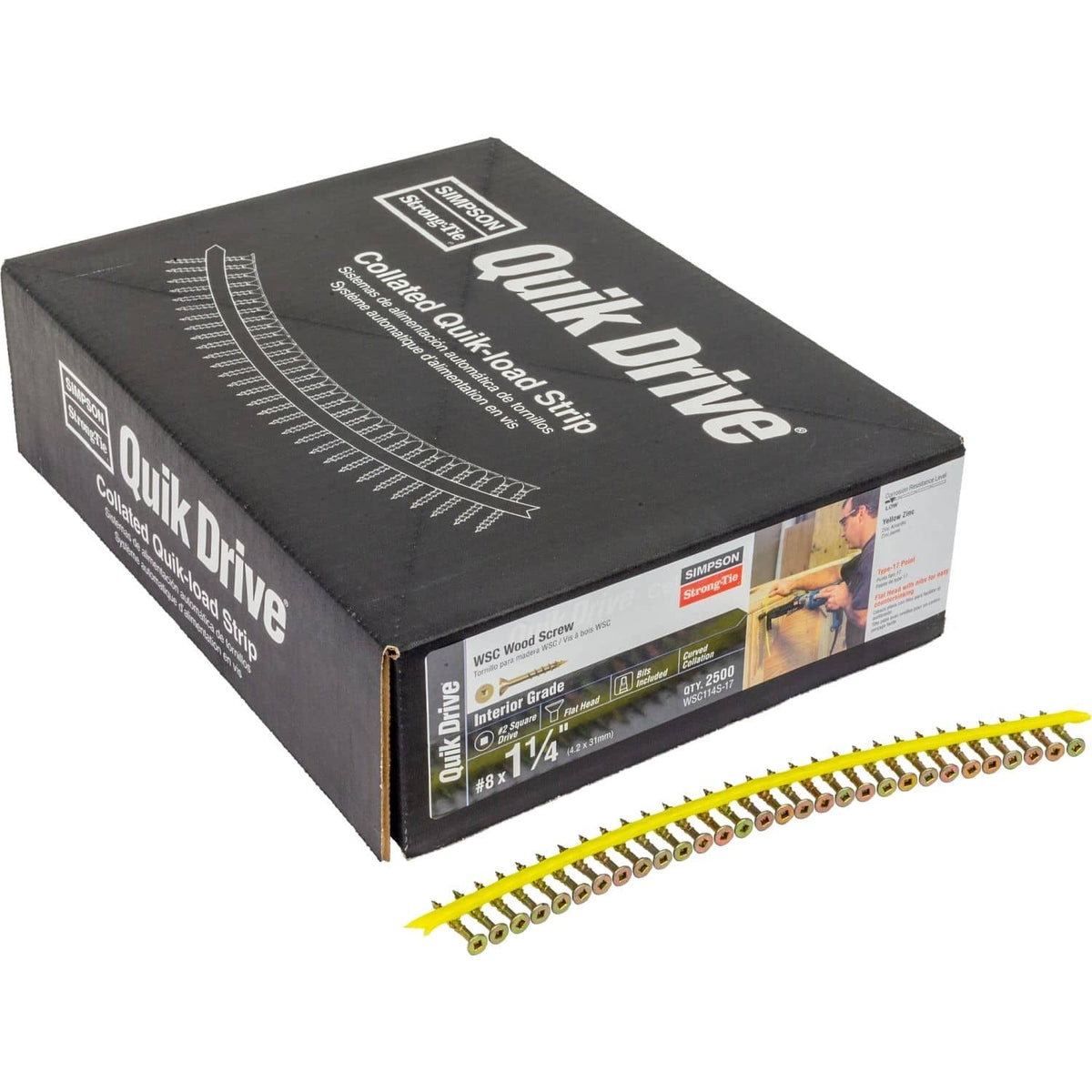 Simpson Strong-Tie WSC114S-17 WSC Wood Screw (Collated), #8 x 1-1/4-in. #2 Square, Flat Head, Yellow Zinc, 2500-Pack