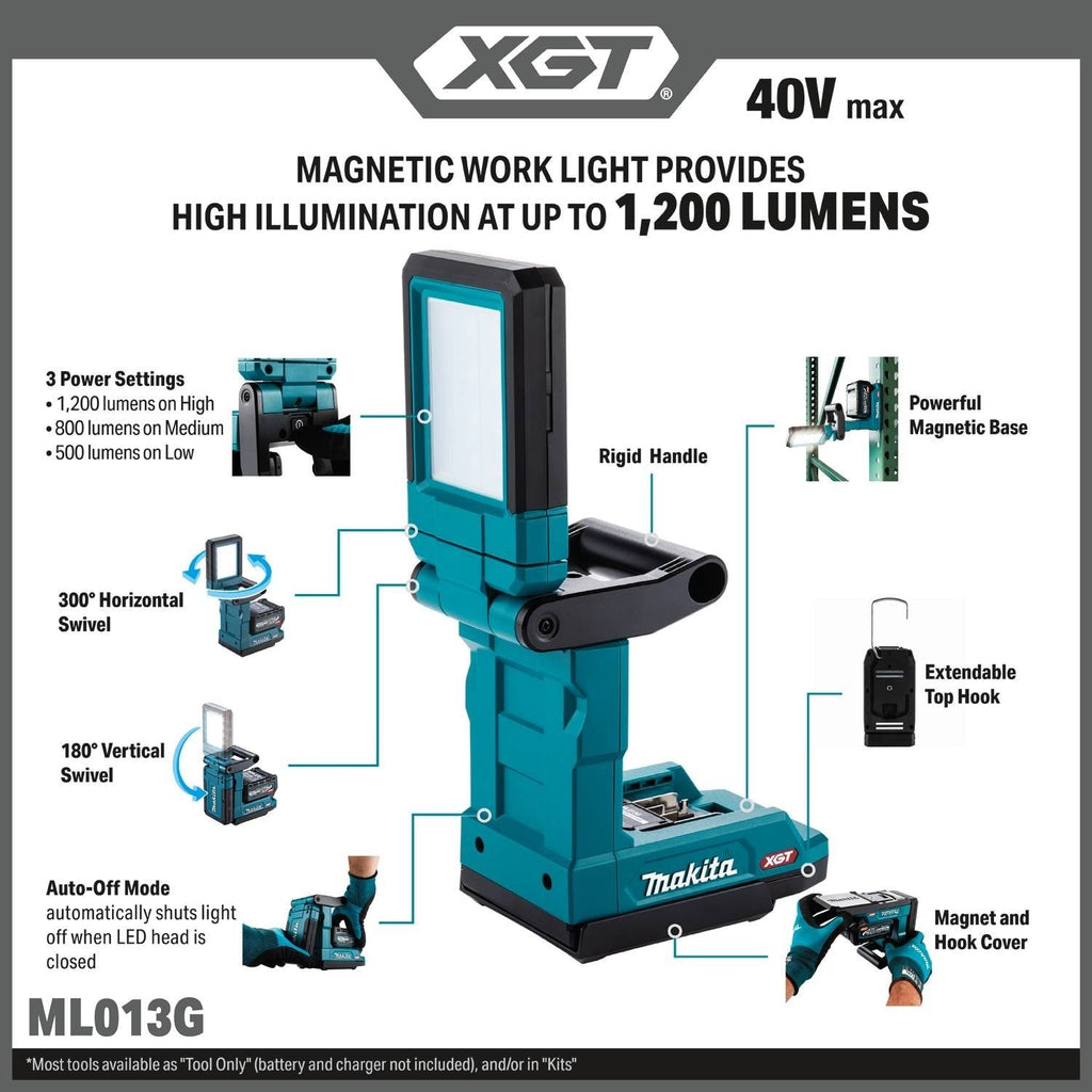 Makita ML013G 40V max XGT LED Magnetic 1200-Lumen Work Light, Light Only