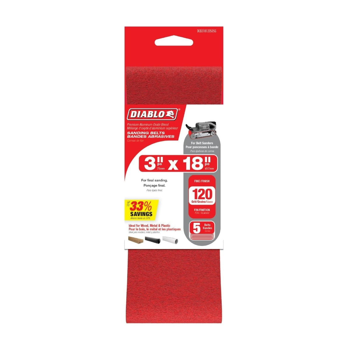 Diablo DCB318120S05G 3"x18" Sanding Belt, 120 Grit, 5-Pack