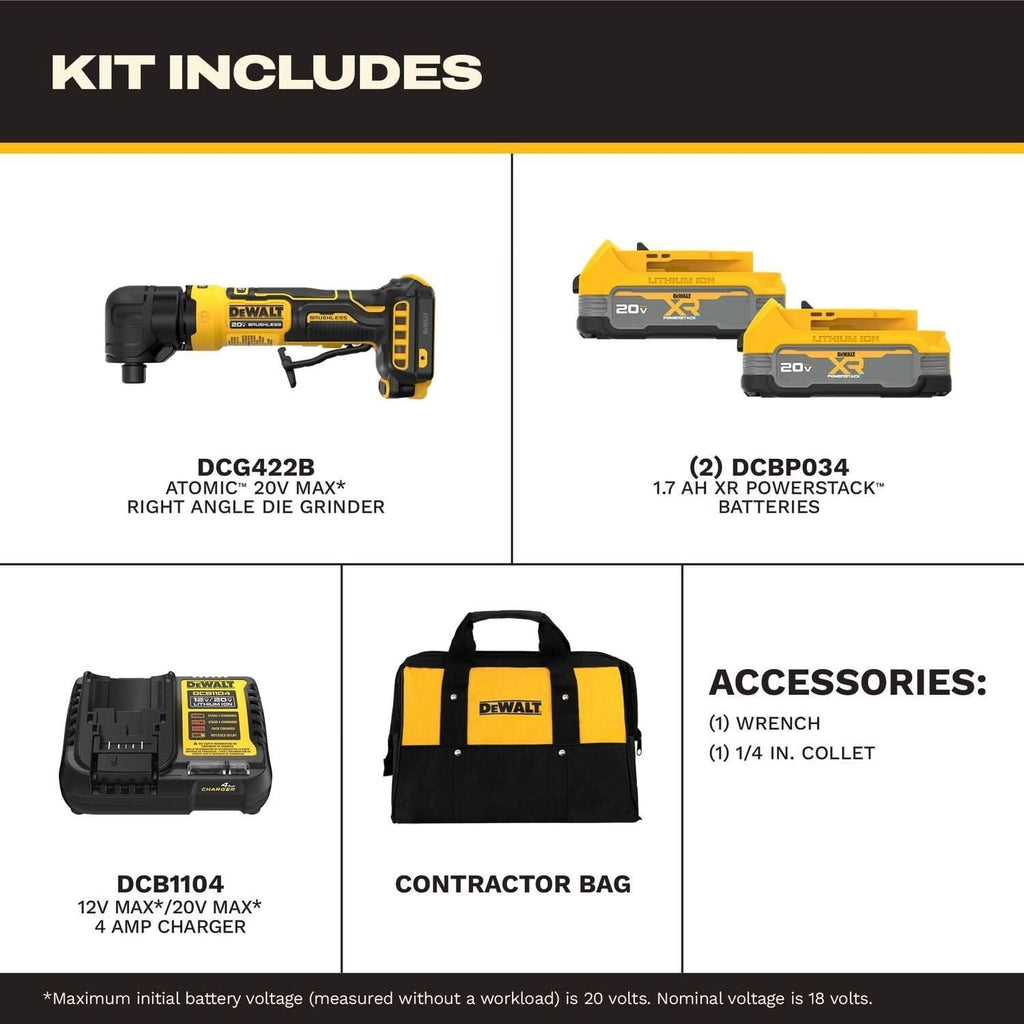 DeWALT DCG422E2 ATOMIC 20V MAX Right Angle Die Grinder 1.7Ah Kit with XR POWERSTACK