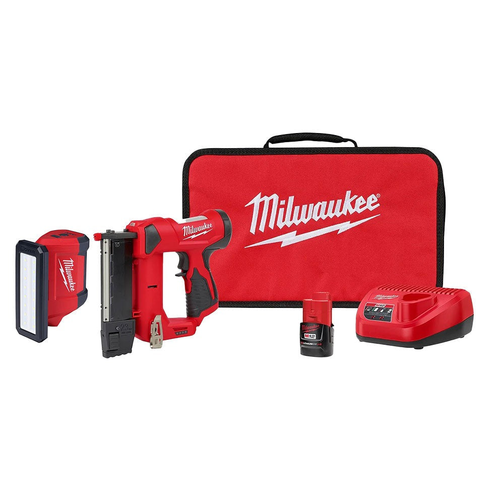 Milwaukee 2540-21 M12 Cordless 23-Gauge Pin Nailer with ROVER 700-Lumen Flood Light 1.5Ah Combo Kit