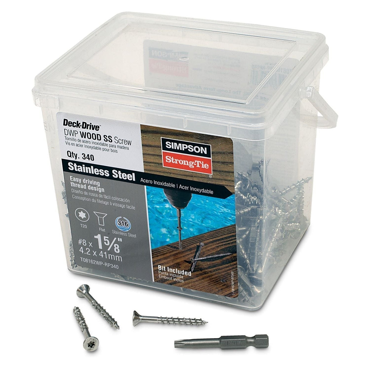 Simpson Strong-Tie T08162WP-RP340 Deck-Drive DWP WOOD SS Screw, #8 x 1-5/8-in. T20, Flat Head, Type 316, 340-Pack