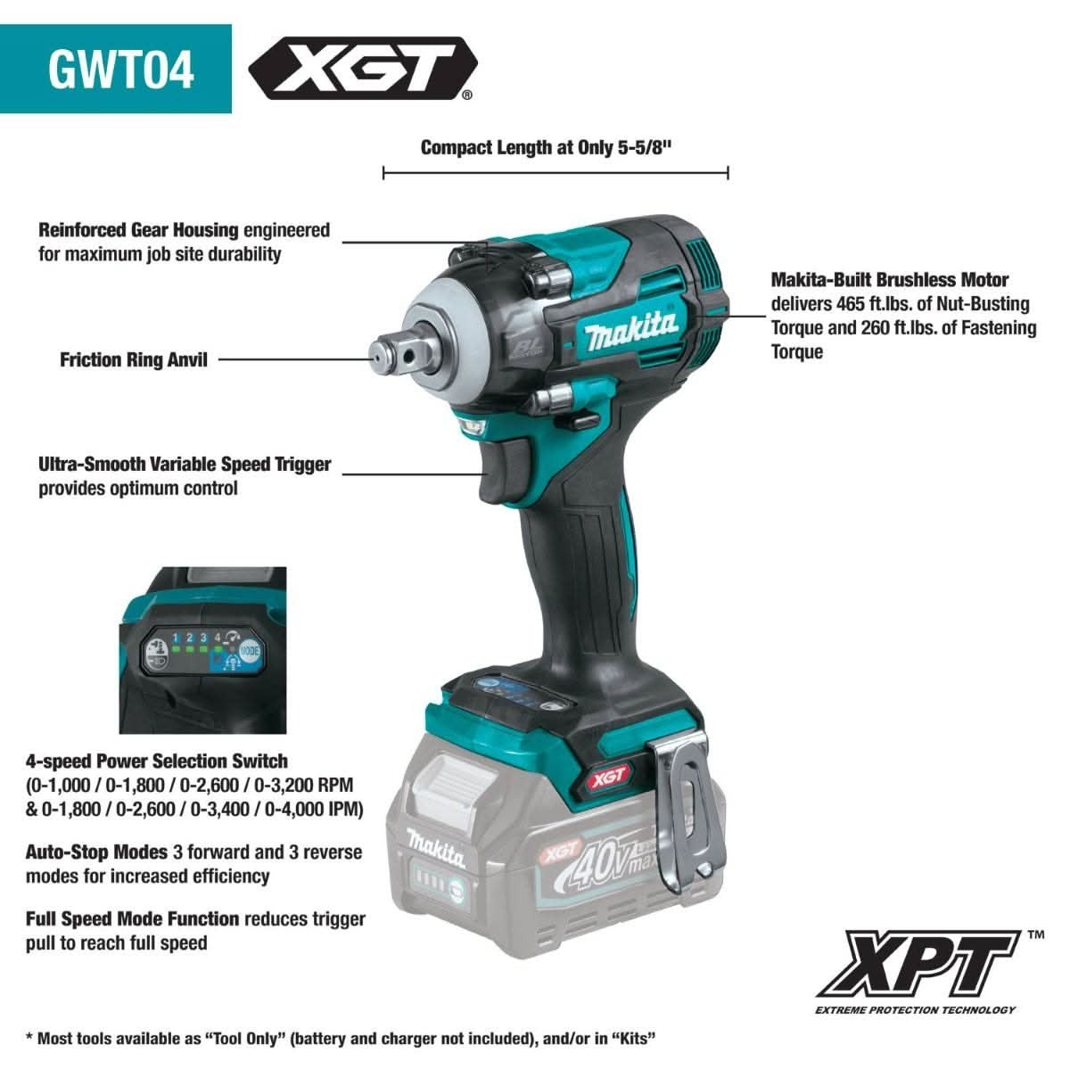 Makita GWT04Z 40V max XGT Brushless Cordless 4-Speed 1/2" Sq. Drive Impact Wrench w/ Friction Ring Anvil, Tool Only