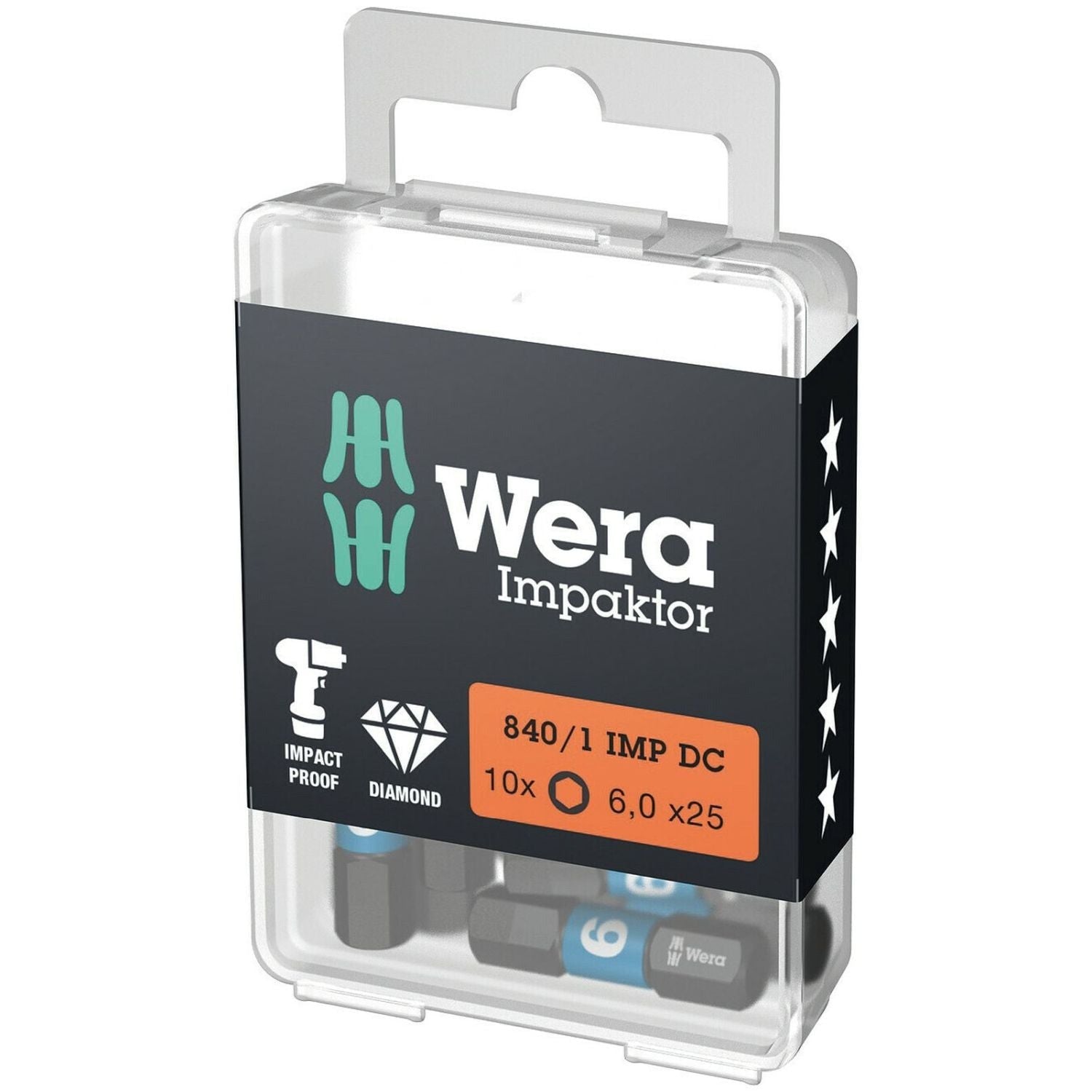 Wera 840/1 Imp Dc Hex-Plus Diy Impaktor Bit, 6x25-mm., 10-Pieces