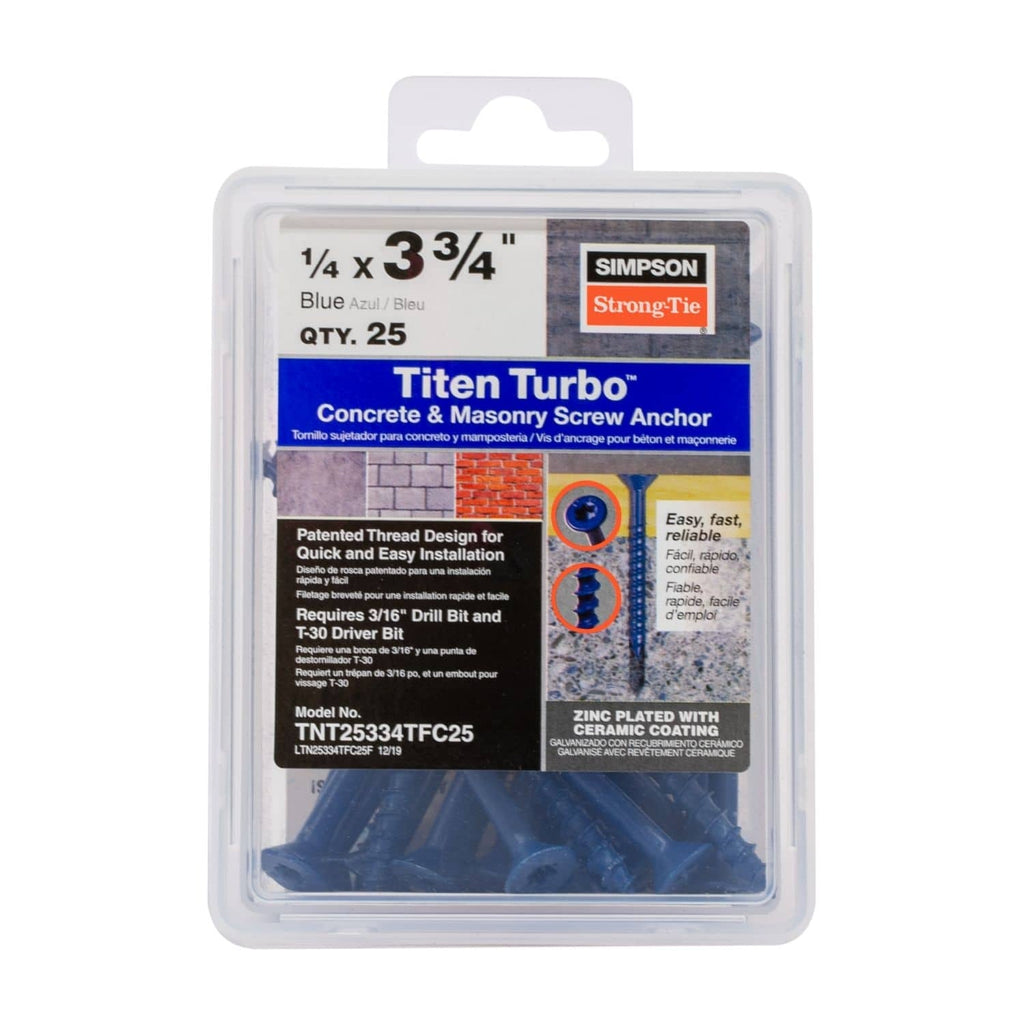Simpson Strong-Tie TNT25334TFC25 Titen Turbo, 1/4-in. x 3-3/4-in. 6-Lobe Flat-Head Concrete and Masonry Screw, Blue, 25-Pack