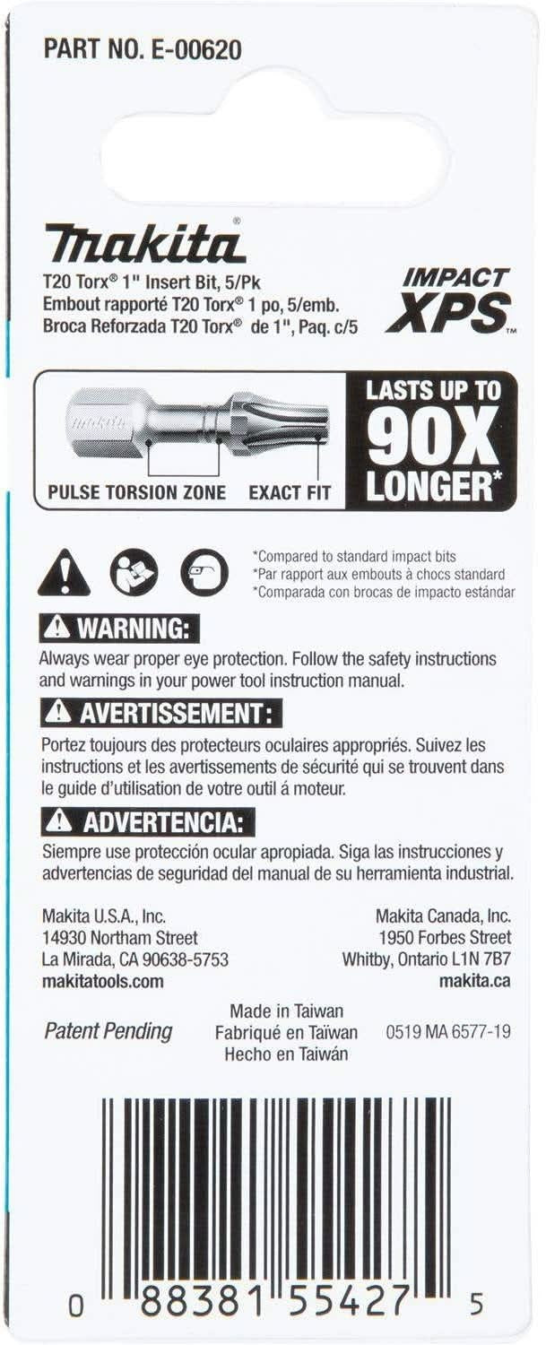 Makita E-00620 Impact XPS T20 Torx 1" Insert Bit, 5/pk