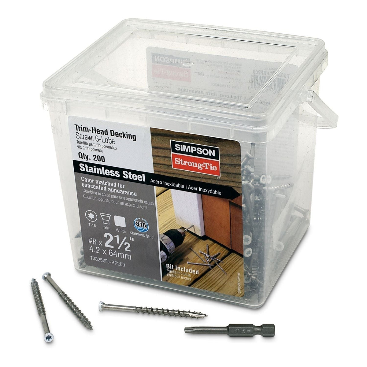 Simpson Strong-Tie T08250FJ-RP200 Trim-Head Screw, 6-Lobe Drive, #8 x 2-1/2-in. T-15 Type 316, White 01, 200-Pack