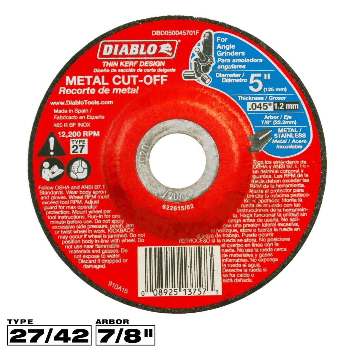 Diablo DBD050045701F 5 in. Type 27 Metal Cut-Off Disc