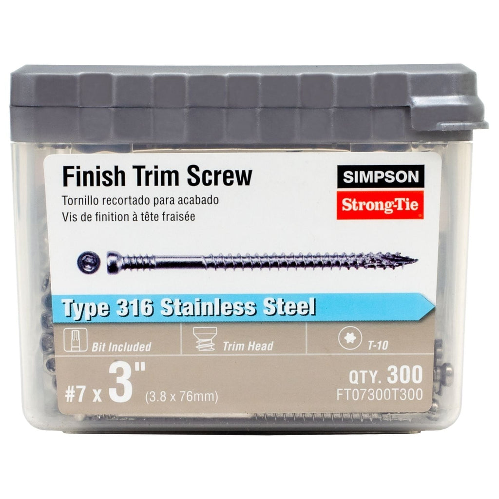 Simpson Strong-Tie FT07300T300 Finish Trim Screw, #7 x 3-in. T10, Trim-Head, Type 316, 300-Pack