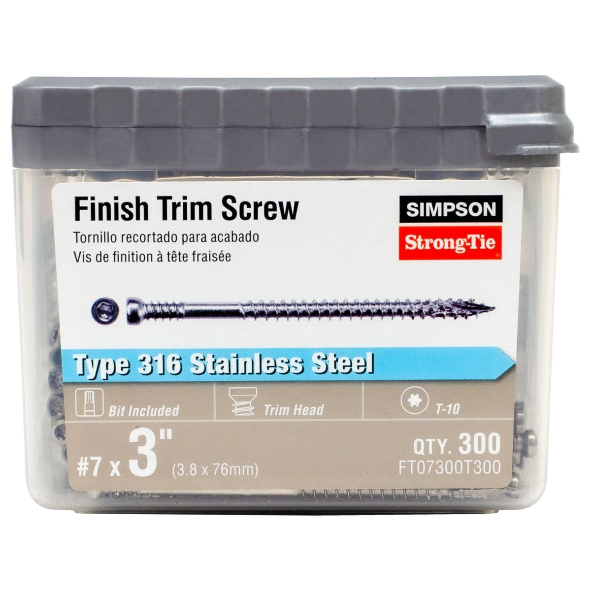 Simpson Strong-Tie FT07300T300 Finish Trim Screw, #7 x 3-in. T10, Trim-Head, Type 316, 300-Pack