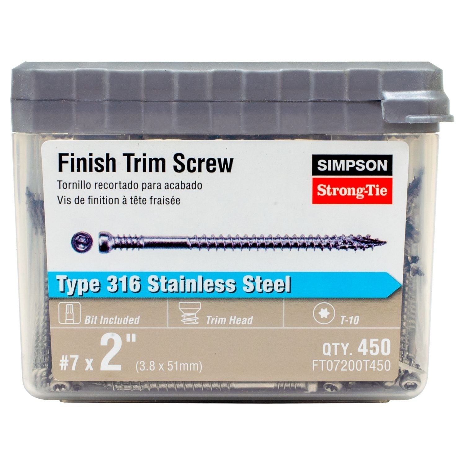Simpson Strong-Tie FT07200T450 Finish Trim Screw, #7 x 2-in. T10, Trim-Head, Type 316, 450-Pack