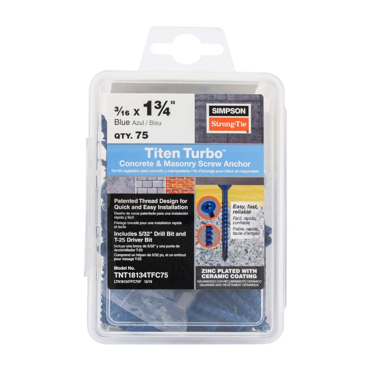 Simpson Strong-Tie TNT18134TFC75 Titen Turbo, 3/16-in. x 1-3/4-in. 6-Lobe Flat-Head Concrete and Masonry Screw, Blue, 75-Pack