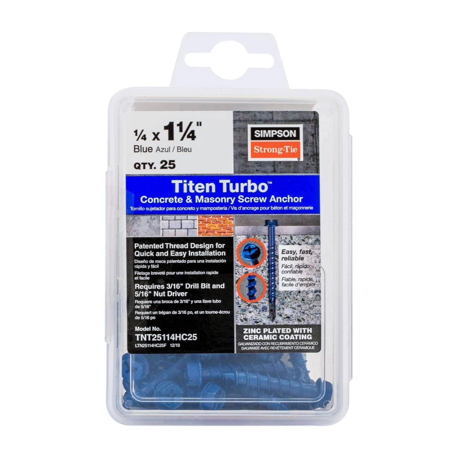 Simpson Strong-Tie TNT25114H Titen Turbo, 1/4-in. x 1-1/4-in. Hex-Head Concrete and Masonry Screw, Blue, 100-Pack