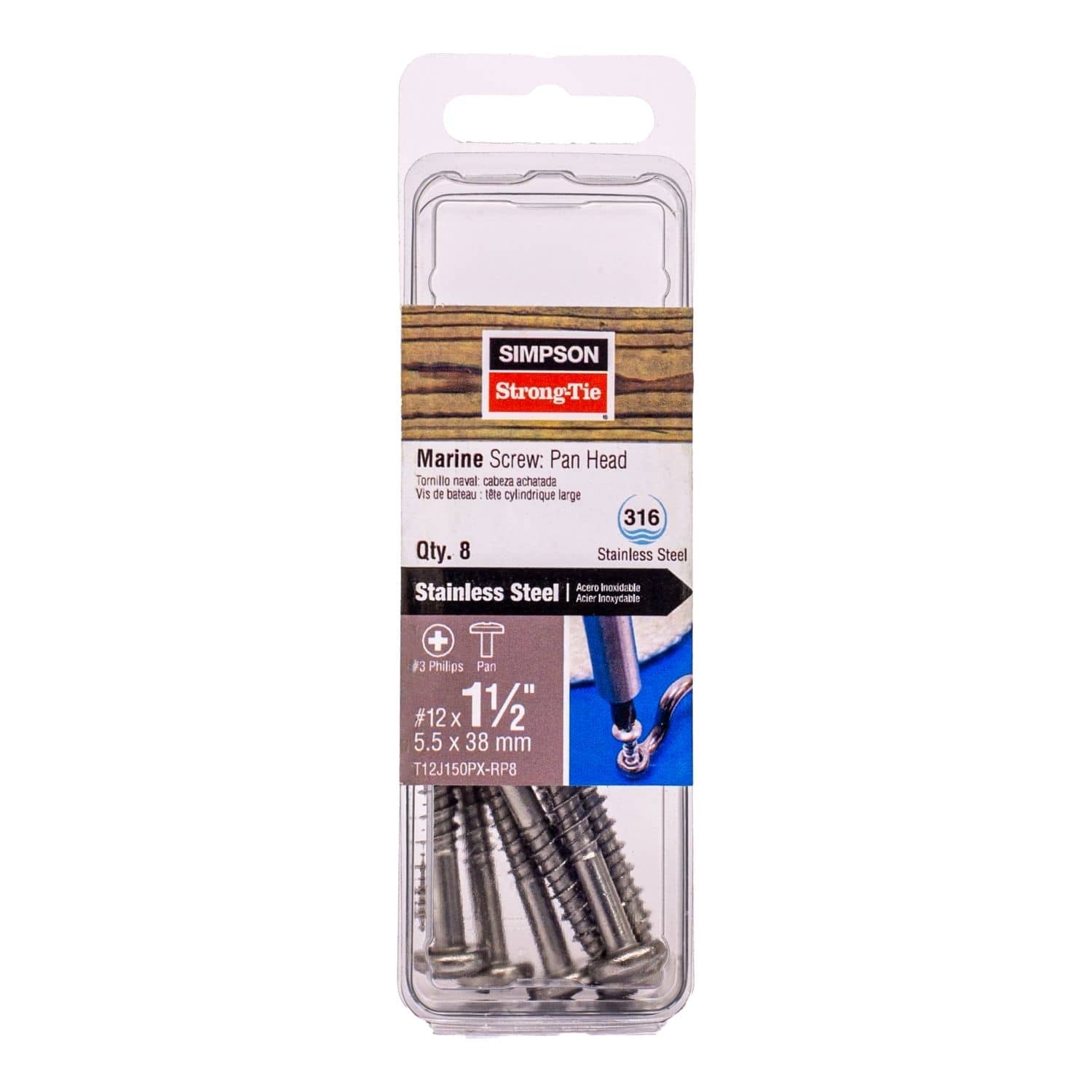 Simpson Strong-Tie T12J150PX-RP8 Marine Screw, Pan Head, #12 x 1-1/2-in. #3 Phillips Drive, Type 316, 8-Pack