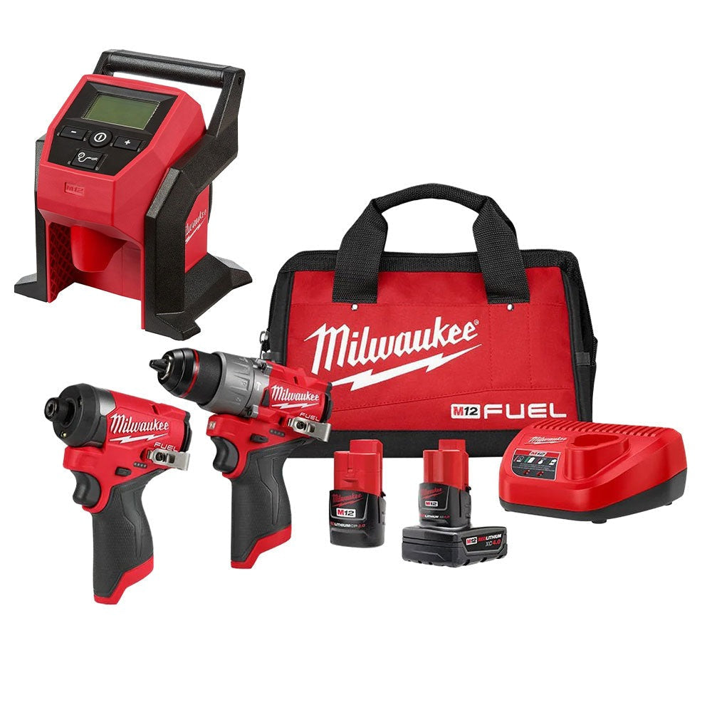 Milwaukee 3497-22 M12 FUEL 1/2-in. Drill Driver and 1/4-in. Hex Impact Driver with Compact Tire Inflator 2.0Ah / 4.0Ah Combo Kit