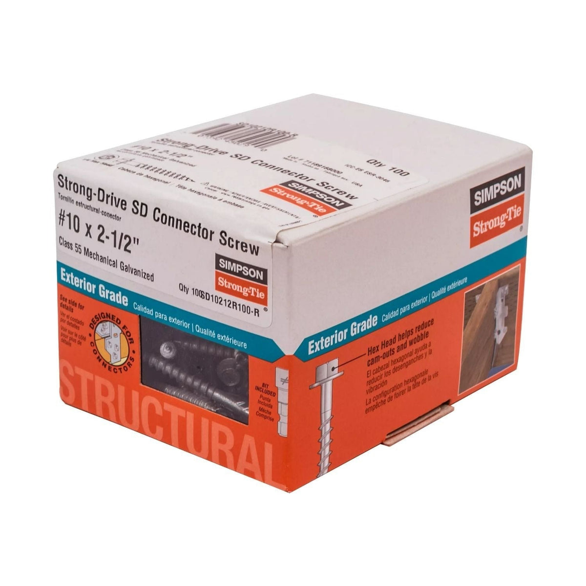 Simpson Strong-Tie Strong-Drive SD CONNECTOR Screw, #10 x 2-1/2-in. 1/4-Hex Drive, Mech. Galv., 100-Pack (SD10212R100-R)
