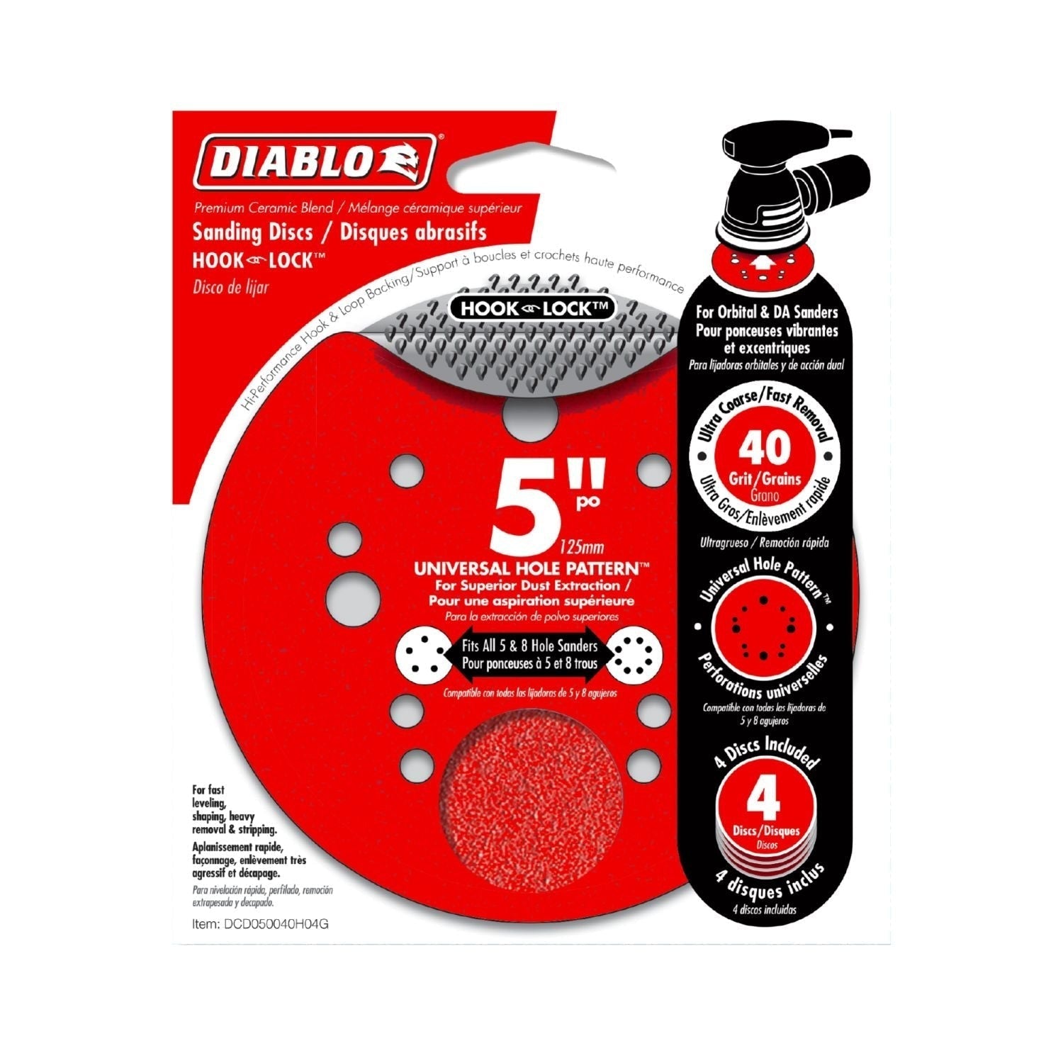 Diablo DCD050040H04G 5 Inch ROS Disc Hook & Lock 40 Grit , 4-Pack