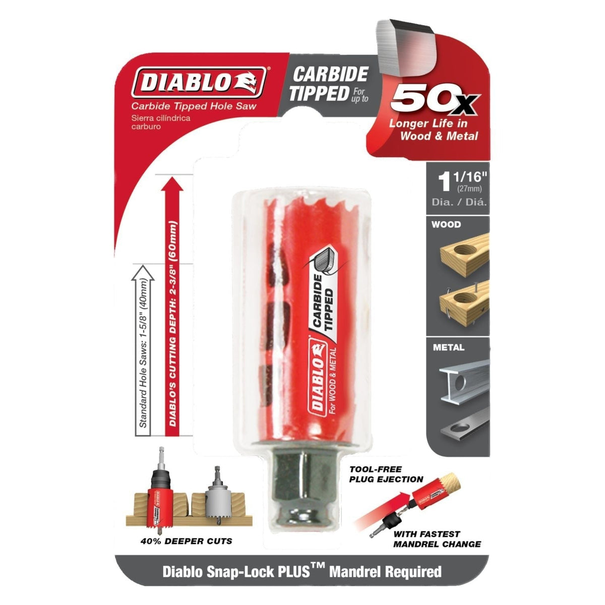 Diablo DHS1063CT 1-1/16 Inch Carbide-Tipped Wood & Metal Holesaw