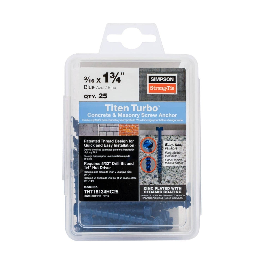 Simpson Strong-Tie TNT18134HC25 Titen Turbo, 3/16-in. x 1-3/4-in. Hex-Head Concrete and Masonry Screw, Blue, 25-Pack
