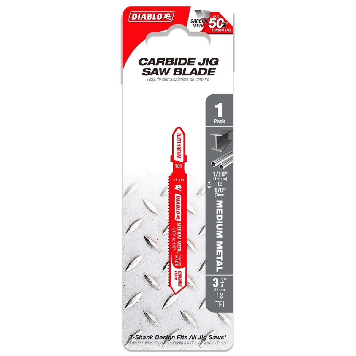 Diablo DJT118EHM 3-1/4-in. 18 TPI Carbide T-Shank Jig Saw Blade for Medium Metal
