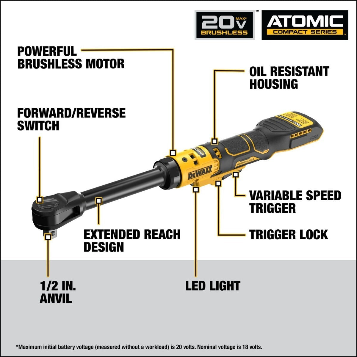 DeWALT DCF512EB 20V MAX ATOMIC Brushless 1/2-in. Extended Reach Ratchet 3.5.Ah POWERSTACK Kit