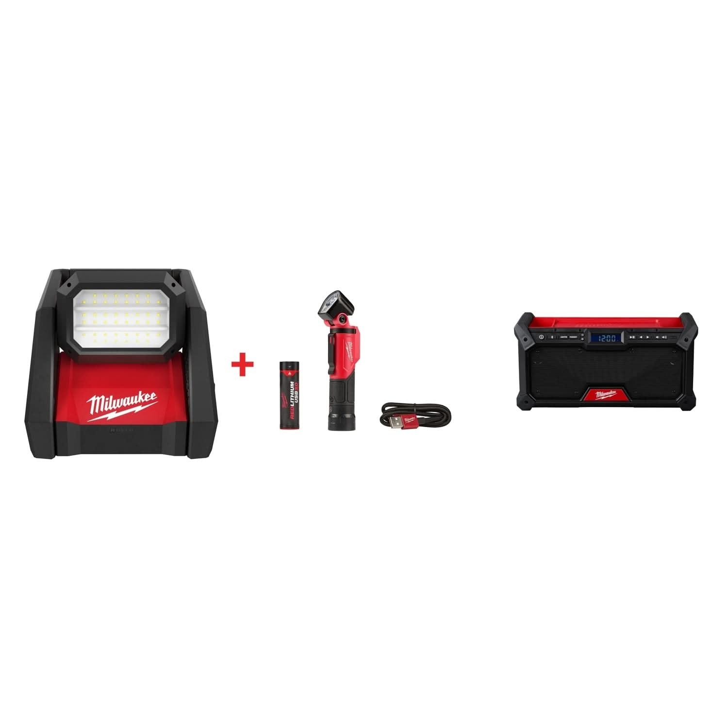 Milwaukee M18 ROVER Flood Light & Pivoting USB Flashlight Set with M18 Bluetooth Jobsite Radio