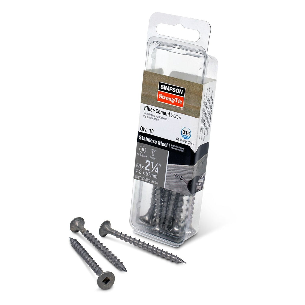 Simpson Strong-Tie T08C225WQ-RP10 Fiber-Cement Screw, #8 x 2-1/4-in. #2 Square Wafer-Head, Type 316, 10-Pack