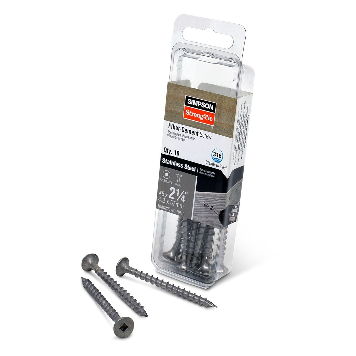 Simpson Strong-Tie T08C225WQ-RP10 Fiber-Cement Screw, #8 x 2-1/4-in. #2 Square Wafer-Head, Type 316, 10-Pack