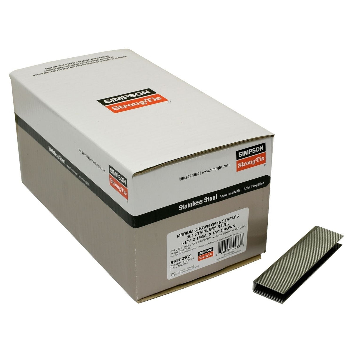 Simpson Strong-Tie S16N125GS 1/2-in. Crown, 16-Gauge Staples, 1-1/4-in. Type 304 Stainless Steel, 10000-Pack