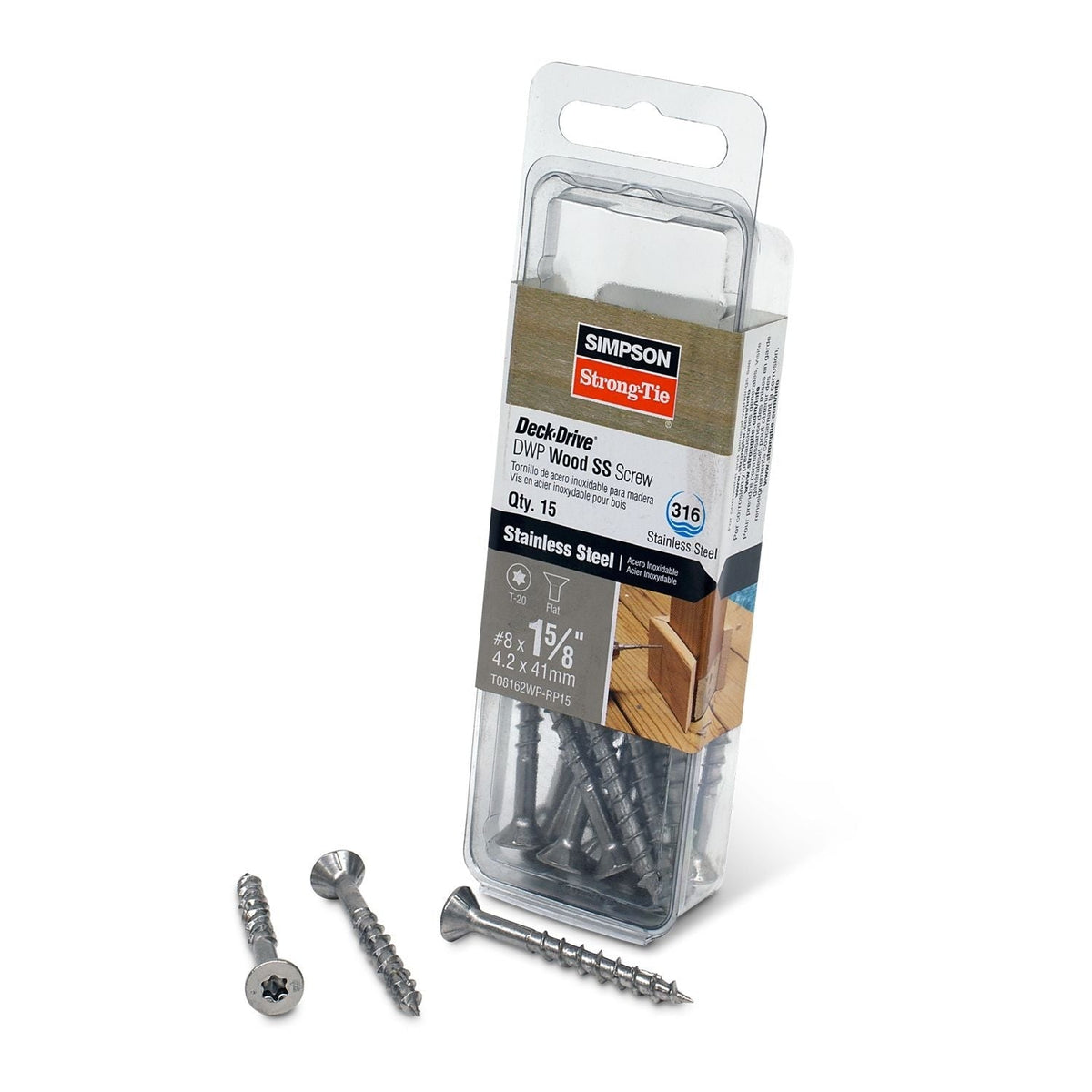 Simpson Strong-Tie T08162WP-RP15 Deck-Drive DWP WOOD SS Screw, #8 x 1-5/8-in. T20, Flat Head, Type 316, 15-Pack