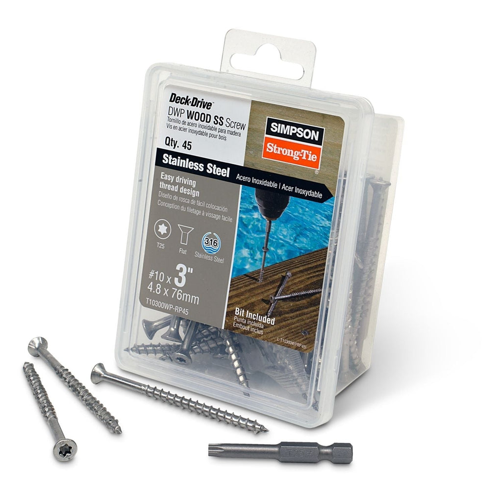 Simpson Strong-Tie T10300WP-RP45 Deck-Drive DWP WOOD SS Screw, #10 x 3-in. T-25, Flat Head, Type 316, 45-Pack