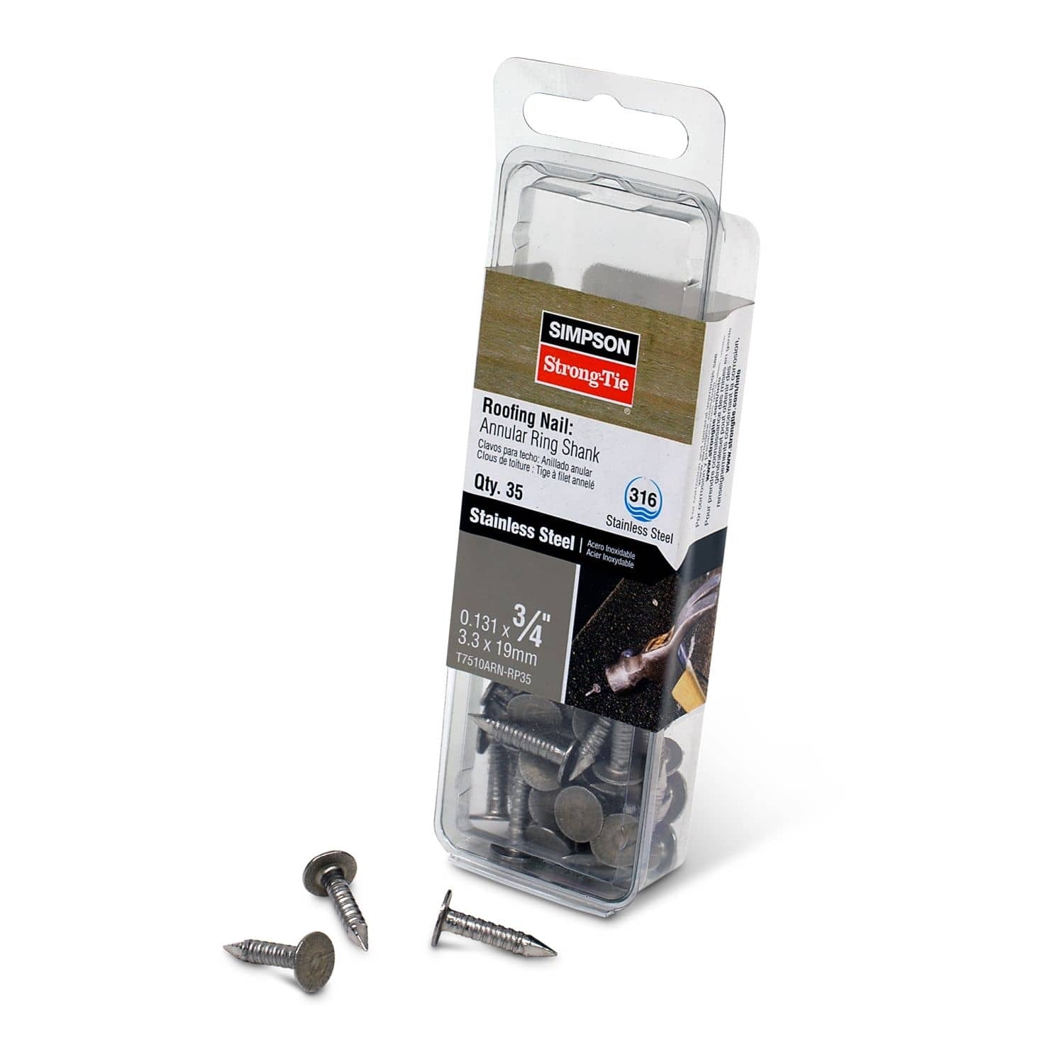Simpson Strong-Tie T7510ARN-RP35 Roofing Nail, Annular Ring Shank, 3/4-in. x .131-in. Type 316 Stainless Steel, 35-Pack
