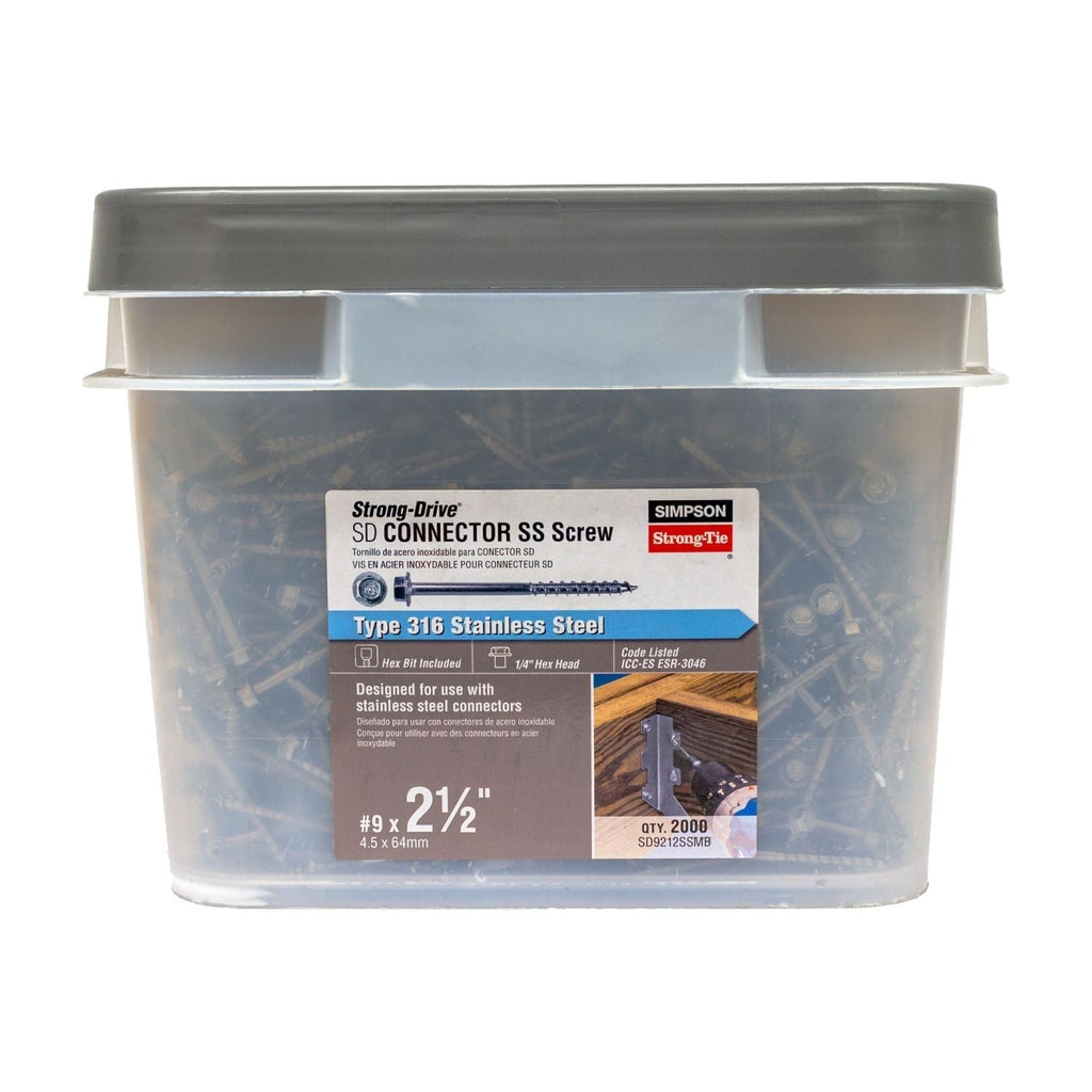 Simpson Strong-Tie SD9212SSMB Strong-Drive SD CONNECTOR SS Screw, #9 x 2-1/2-in. 1/4-Hex Drive, Type 316, 2000-Pack
