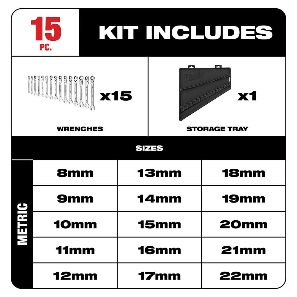 Milwaukee 48-22-9513 Metric Flex Head Ratcheting Combination Wrench, 15-Pieces