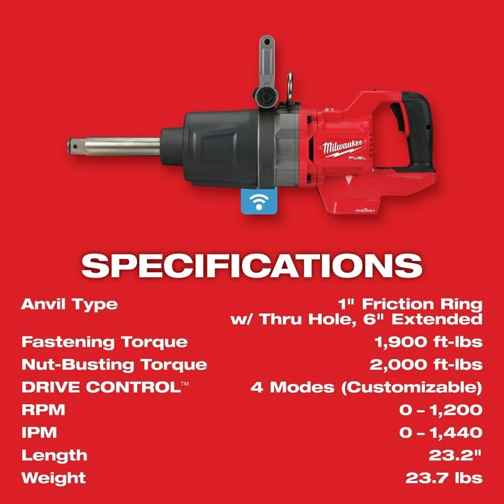 Milwaukee 2869-20 M18 FUEL 1-Inch D-Handle Extended Anvil High Torque Impact Wrench with ONE-KEY, Tool Only