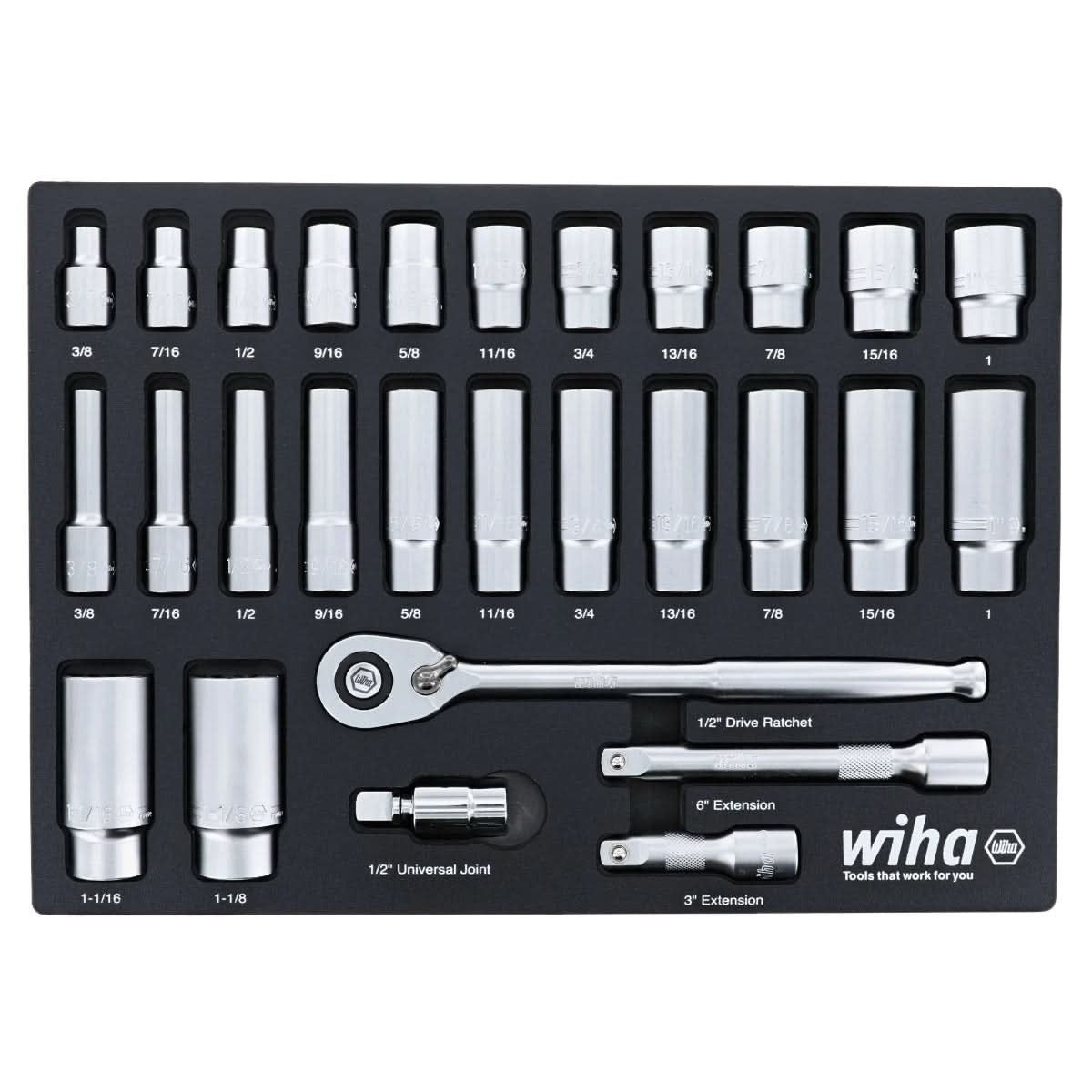 Wiha 33896 28-Piece 1/2" Drive SAE Professionial Standard & Deep Socket Set