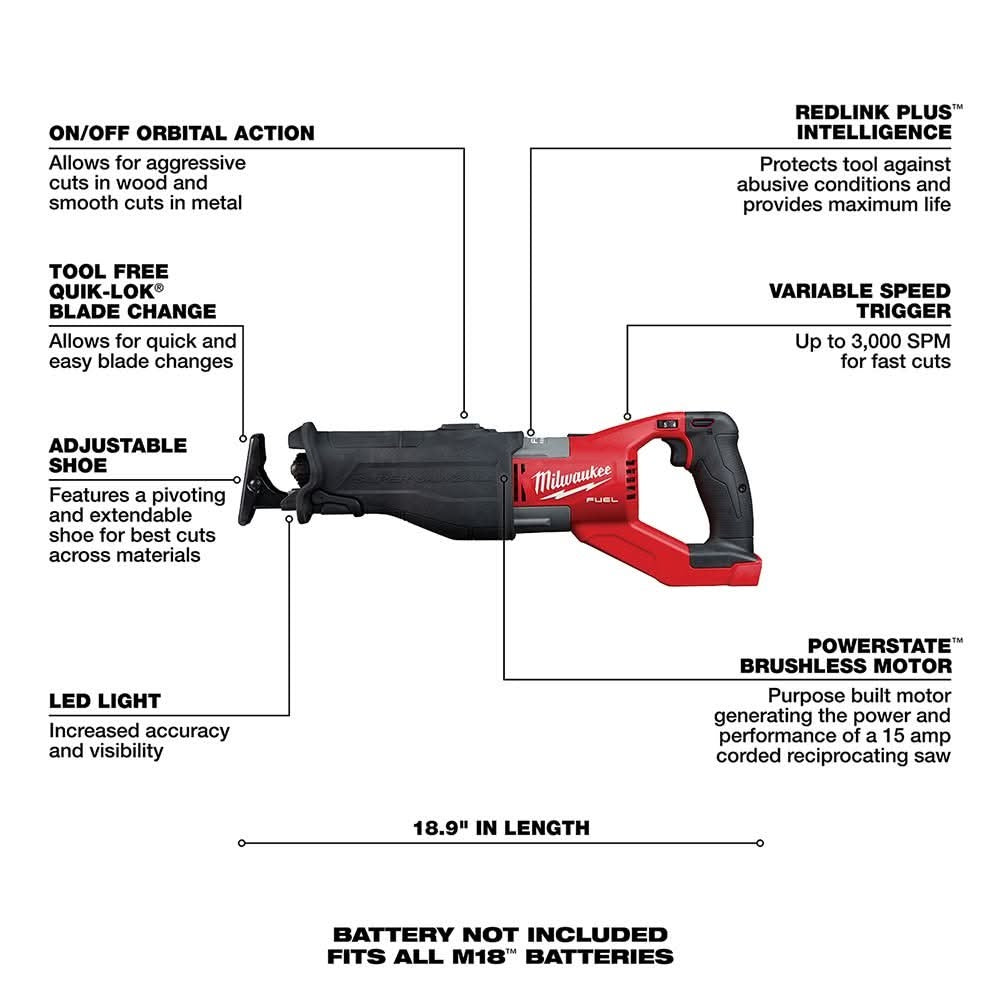 Milwaukee 2722-20 M18 Fuel Super Sawzall Reciprocating Saw 5.0Ah Kit w/ 15-Pc SAWZALL Blade PACKOUT Kit