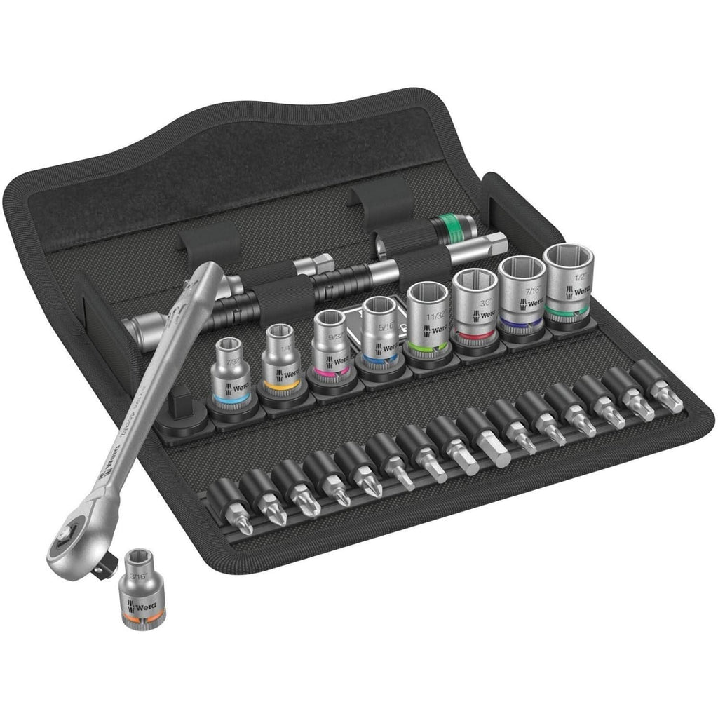 Wera 8100 Sa 10 Zyklop Metal Ratchet Set With Push-Through Square, 1/4-in. Drive, Imperial, 28-Pieces