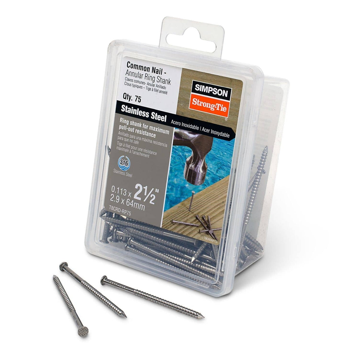 Simpson Strong-Tie T8CRD-RP75 Cedar and Redwood Decking Nail, 2-1/2-in. x .113-in. Type 316 Stainless Steel, 75-Pack