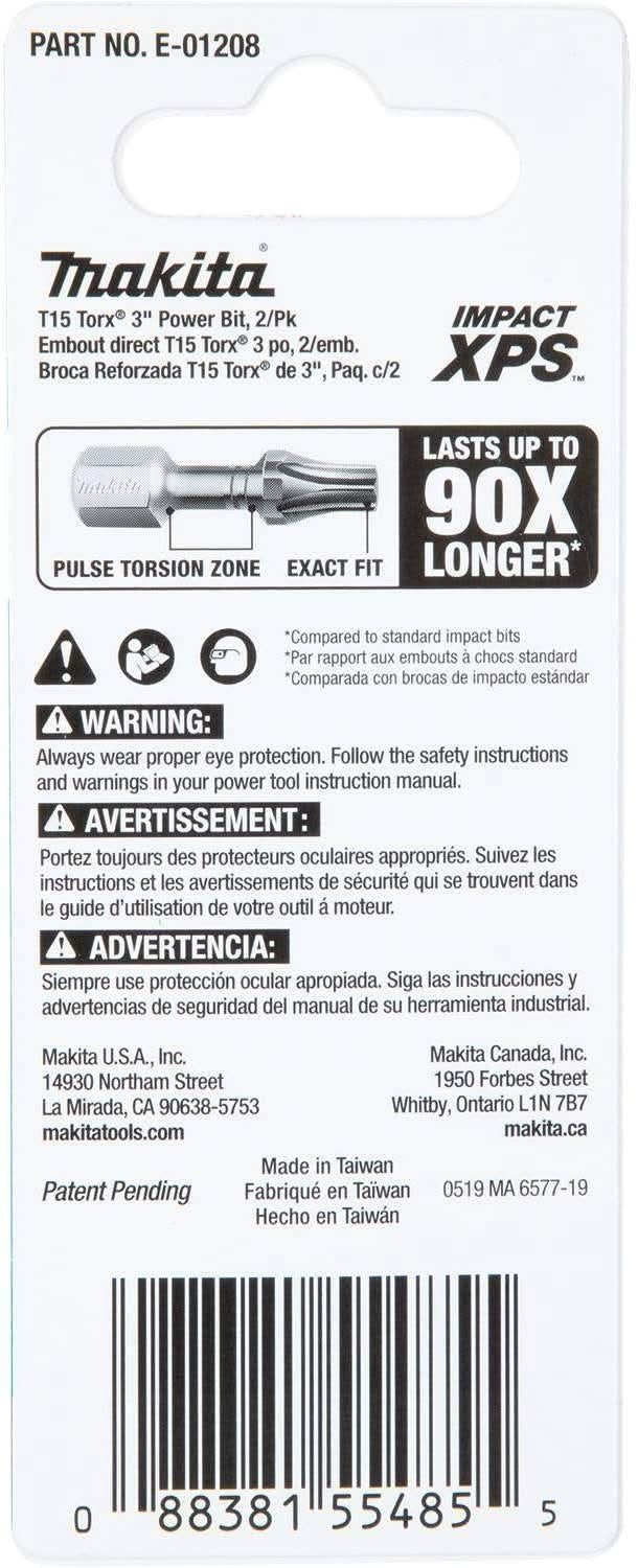 Makita E-01208 Impact XPS T15 Torx 3" Power Bit, 2/pk