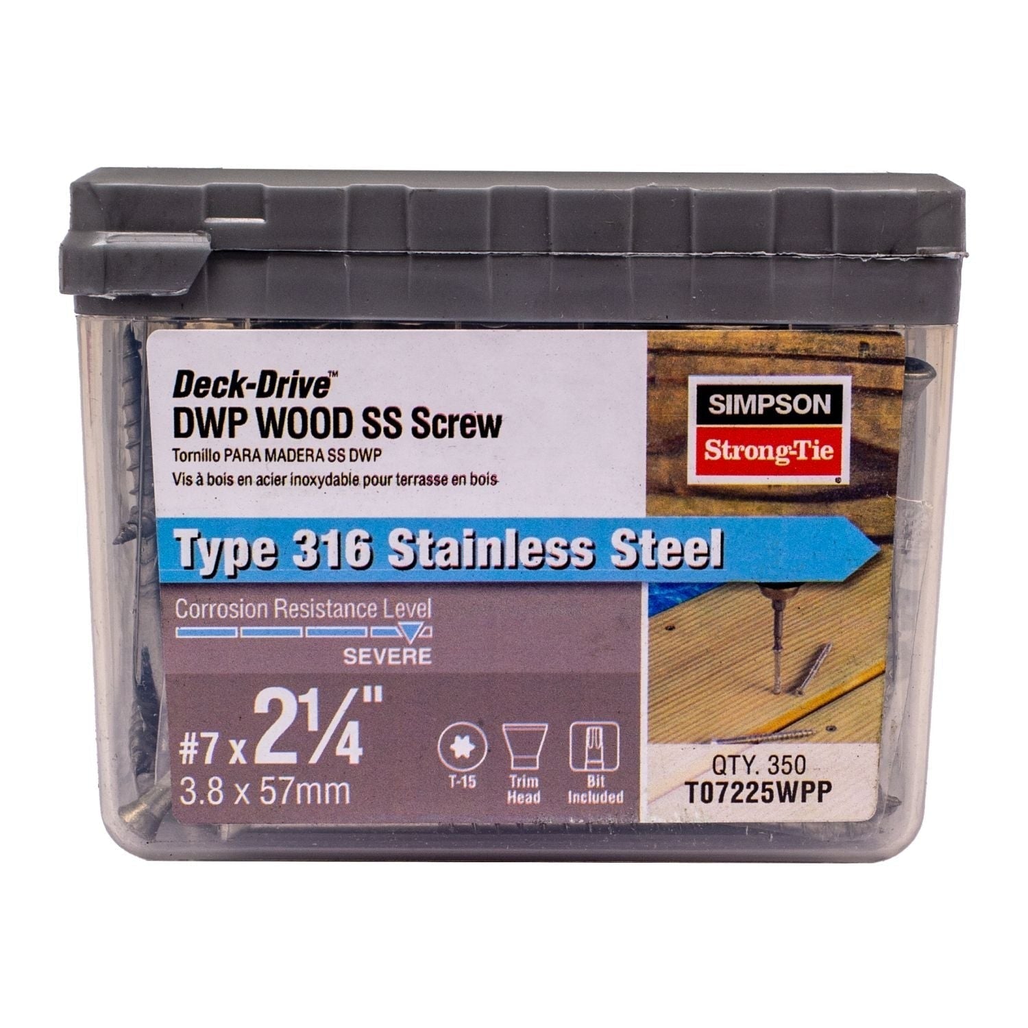 Simpson Strong-Tie T07225WPP Deck-Drive DWP WOOD SS Screw, #7 x 2-1/4-in. T-15, Trim Head, Type 316, 350-Pack
