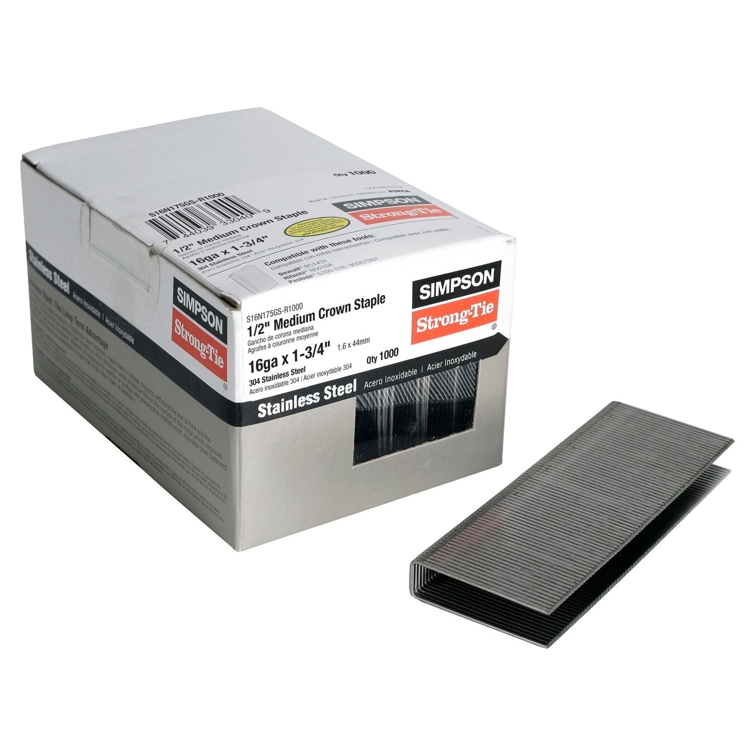 Simpson Strong-Tie S16N175GS-R1000 1/2-in. Crown, 16-Gauge Staples, 1-3/4-in. Type 304 Stainless Steel, 1000-Pack