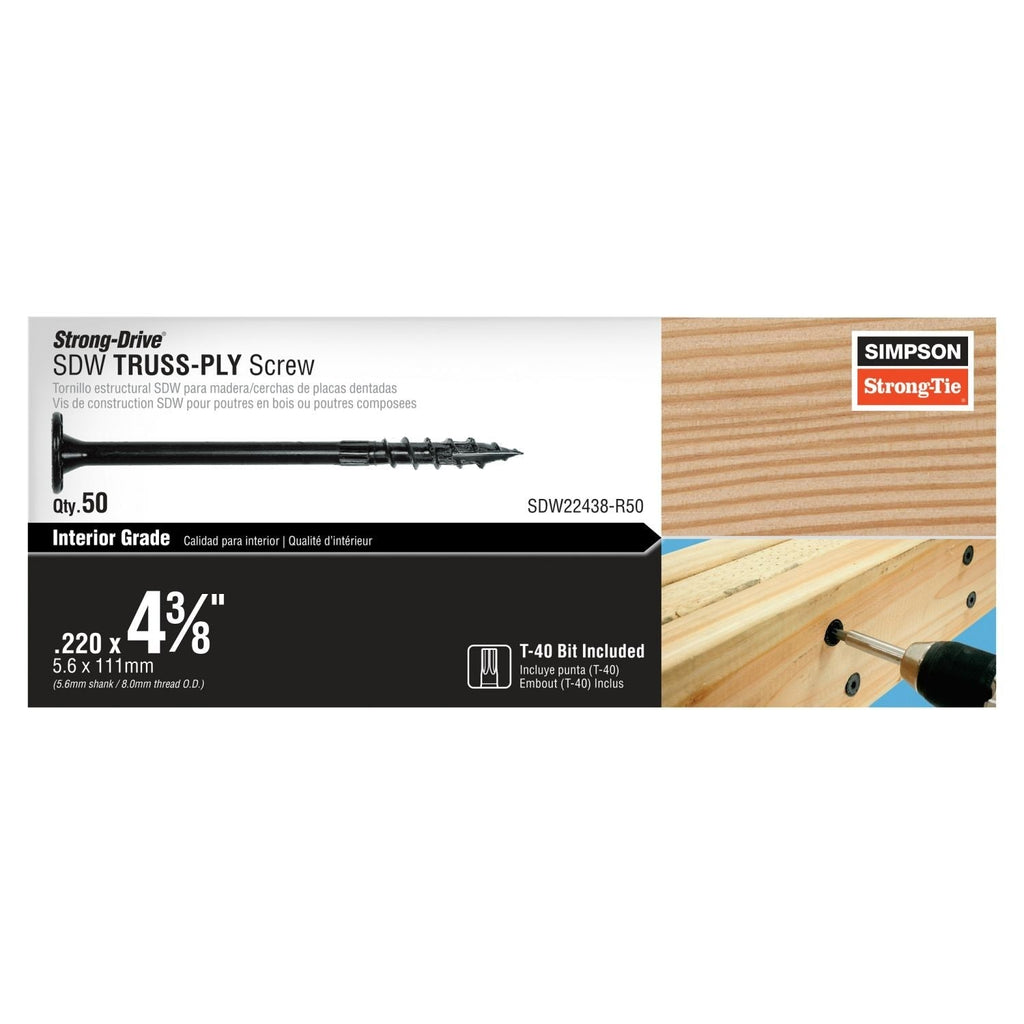 Simpson Strong-Tie SDW22438-R50 Strong-Drive SDW TRUSS-PLY Screw, .220-in. x 4-3/8-in. T40 6-Lobe E-coat, 50-Pack