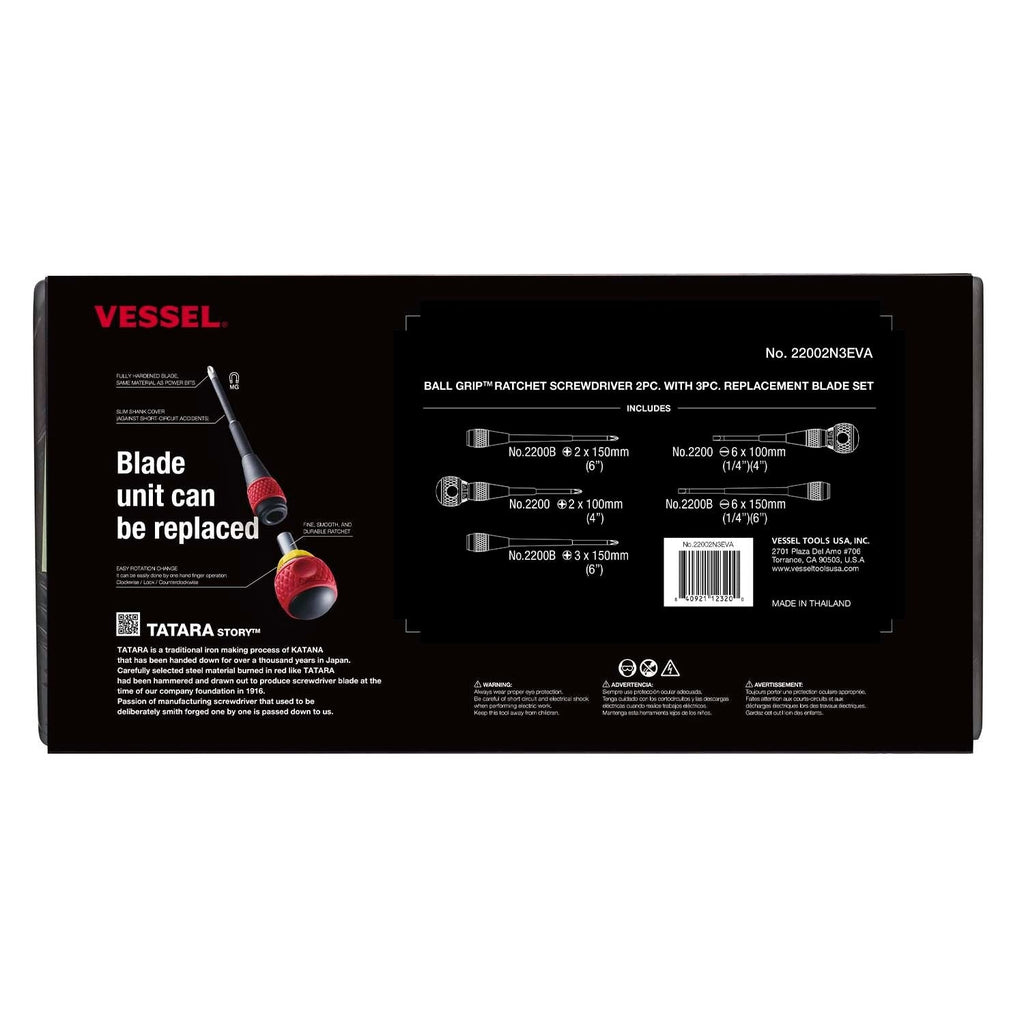 Vessel 22002N3EVA BALL RATCHET Screwdriver 2-Piece with 3-Piece Replacement Blade Set