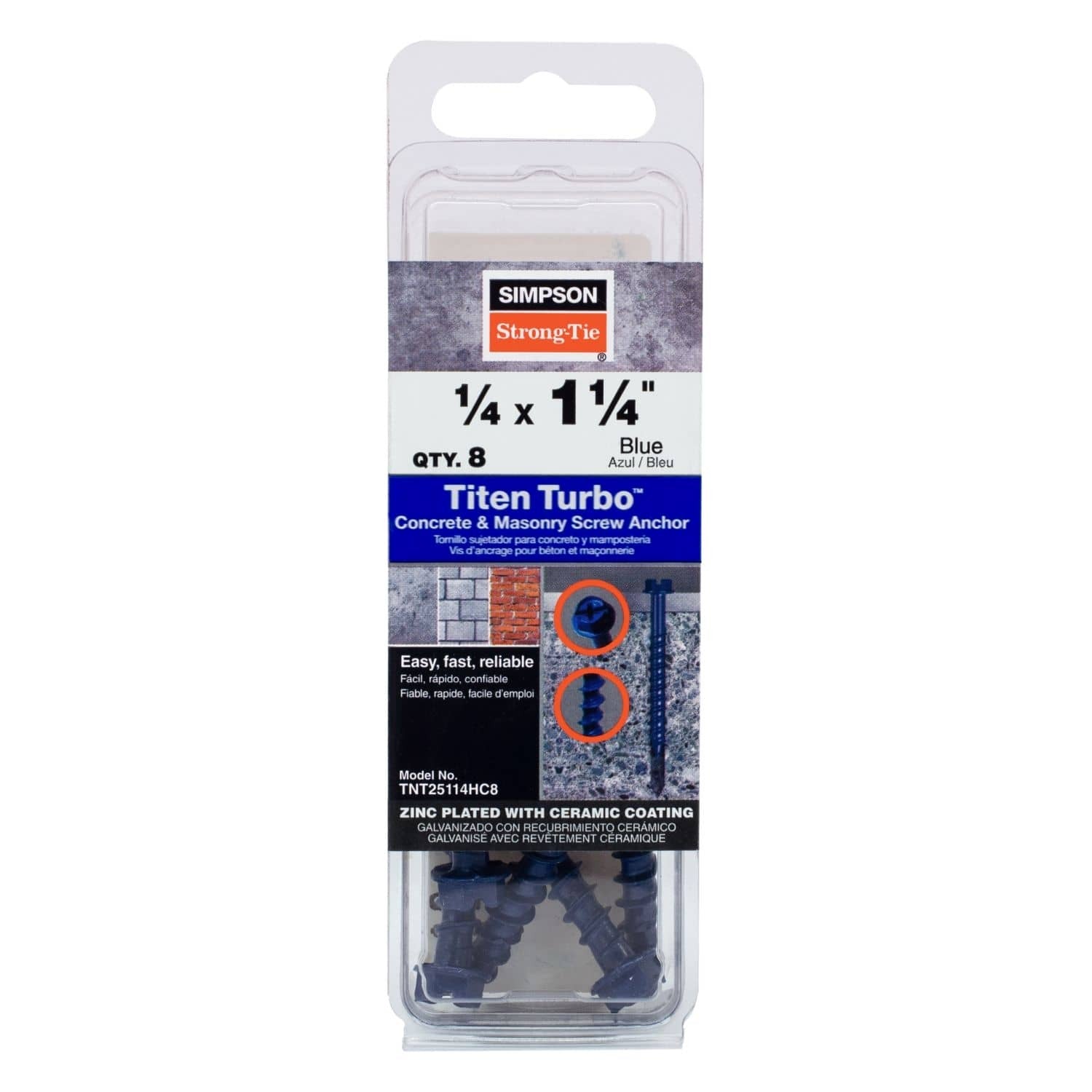 Simpson Strong-Tie TNT25114HC8 Titen Turbo, 1/4-in. x 1-1/4-in. Hex-Head Concrete and Masonry Screw, Blue, 8-Pack