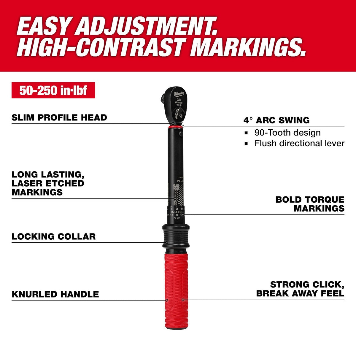 Milwaukee 48-22-9201 3/8-in. Drive Click Torque Wrench, 50-250 in·lb